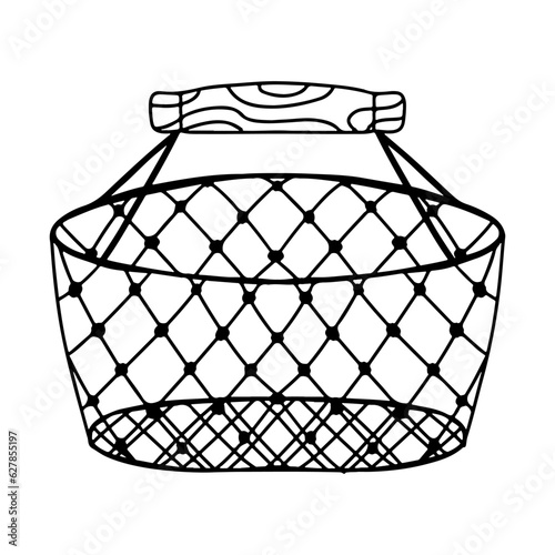 Straw wicker basket. Hand drawn doodle style. Vector illustration isolated on white. Coloring page.