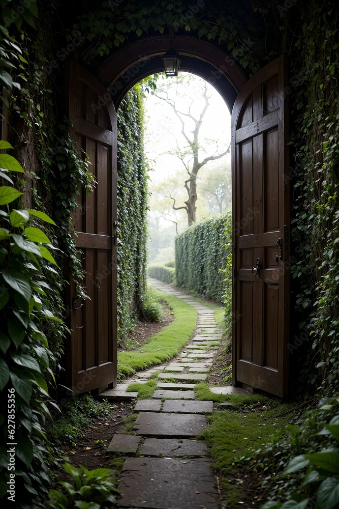 Obraz premium 3d rendering of a fantasy doorway portal framed by green vines leading into a idyllic garden. Generative AI