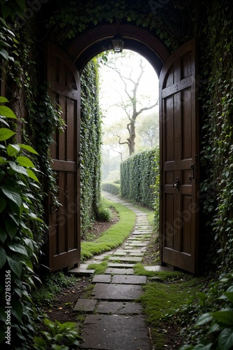 3d rendering of a fantasy doorway portal framed by green vines leading into a idyllic garden. Generative AI