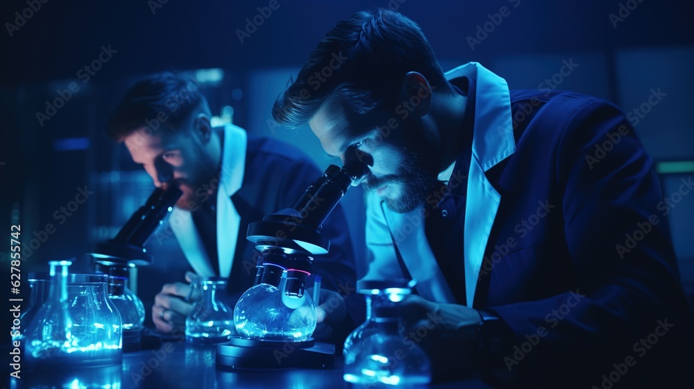 Scientist looking in microscope while working on medical research in science laboratory. Science or healthcare theme. Microbiology pharmaceutical research. Illustration for cover.