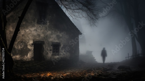 Frightening ghost in a cloak with a hood against the backdrop of a lonely ruined house in the fog. Abandoned haunted house scene as concept for spooky Halloween. Illustration for design.