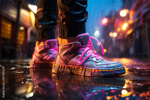 Closeup of legs in shoes, staying in neon puddles, heavy rain. Generative AI