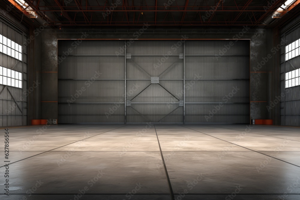 3d rendering of an empty warehouse with a lot of windows. 3d rendering of large hangar building and concrete floor and open shutter door in perspective view for background, AI Generated