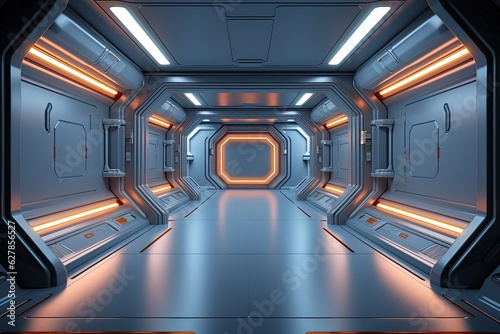 Fototapeta Naklejka Na Ścianę i Meble -  Futuristic spaceship interior with glowing lights. 3D Rendering, 3D rendered illustration of empty illuminated spaceship corridor, AI Generated