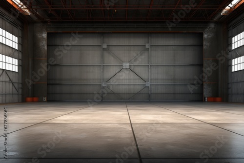 3d rendering of an empty warehouse with a lot of windows. 3d rendering of large hangar building and concrete floor and open shutter door in perspective view for background, AI Generated photo