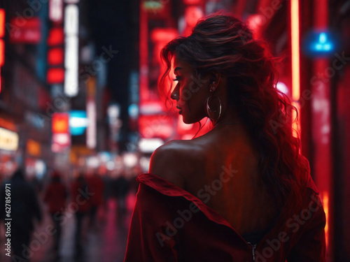 a woman in a neon light city street