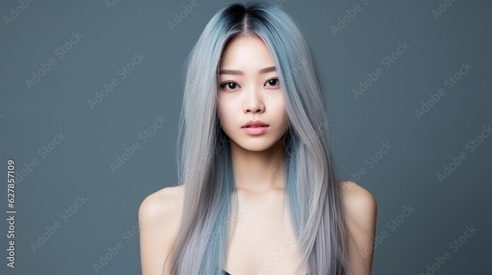 Naklejka premium Beautiful woman with blue long hair bust up image on studio background. lgbtq concept