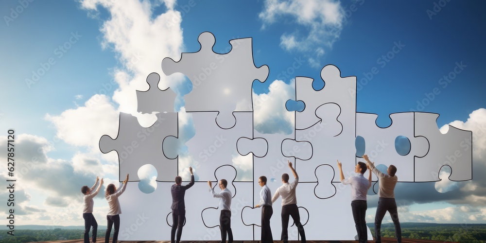 Teambuilding Jigsaw Puzzle, Diverse Corporate Office Workers Building Puzzles with a Window Background, Embracing the Summer Blue Sky. A Symbolic Teamwork Concept Teambuilding Jigsaw Puzzle, Diverse Corporate Office Workers Building Puzzles with a Window Background, Embracing the Summer Blue Sky. A Symbolic Teamwork Concept