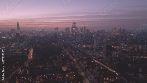 London Skyline wapping area, Early Evening Drone Shot Cityscape photo