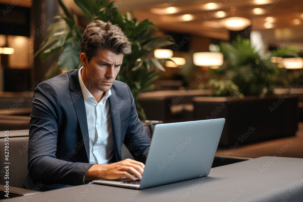 Worried businessman in a hotel lobby, using his laptop to review finances trying to dodge an economic downturn. Concept of concern over the recession Worried businessman in a hotel lobby, using his laptop to review finances trying to dodge an economic downturn. Concept of concern over the recession