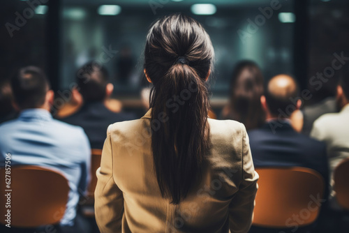 Businesswoman sitting in a conference meeting, view from behind