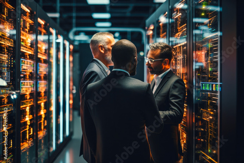 Three businessmen having a discussion in a modern data center, surrounded by servers and cables. Concept of network security and information technology management in a corporate setting © MVProductions