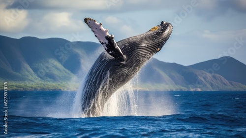 Whale Jumping From Open Water in Sea Under Blue Cloudy Sky With Bright Sun
