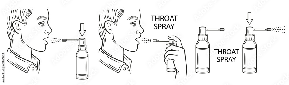 Medical spray for sore throat, man use liquid oral aerosol medicine for mouth hygiene, asthma inhaler bottle line icon set. Patient inhalation pharmacy drug. Flu respiratory disease treatment. Vector Medical spray for sore throat, man use liquid oral aerosol medicine for mouth hygiene, asthma inhaler bottle line icon set. Patient inhalation pharmacy drug. Flu respiratory disease treatment. Vector