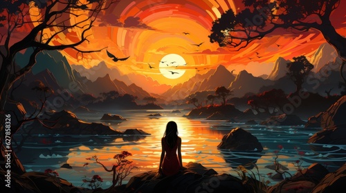 Serenity at Sunrise  Yoga Illustration Artwork  Mindfulness Meditation  Yoga Serenity at Sunrise  generative ai
