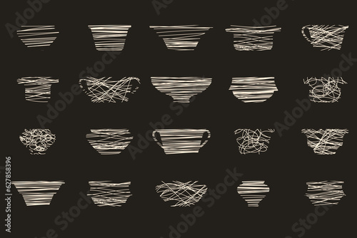 Ceramic pots set. Side view. Silhouette plate in line art style. Vector flat illustration with ditches. Line art boho style. Pottery in vintage modern style