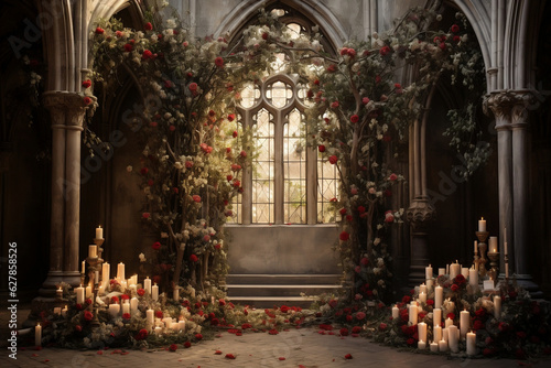 Candlelit Sanctum - Majestic Cathedral Altar adorned with Eternal Roses © Ash