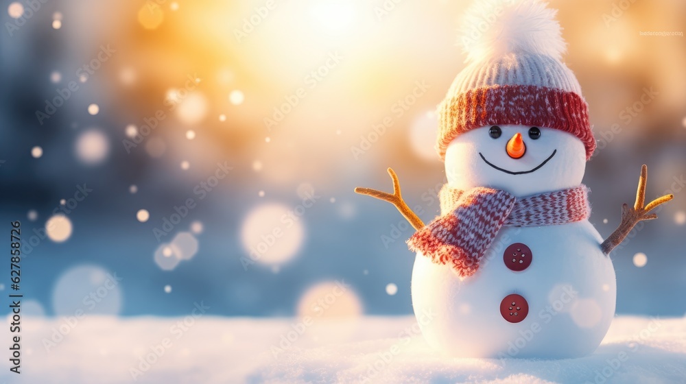 Obraz premium Christmas winter background. Snowman standing on the snow bokeh by sunlight. copy space