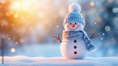 Christmas winter background. Snowman standing on the snow bokeh by sunlight. copy space © Achira22