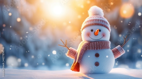 Christmas winter background. Snowman standing on the snow bokeh by sunlight. copy space