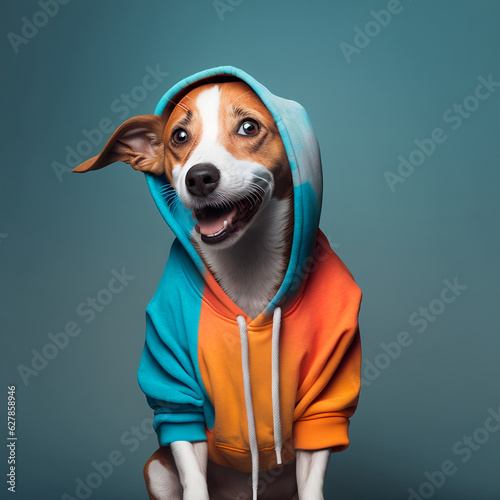 Jack Rusell Terrier very happy dressed in a blue hoodie, on a blue clean background,studio photo,ultra detailed photo