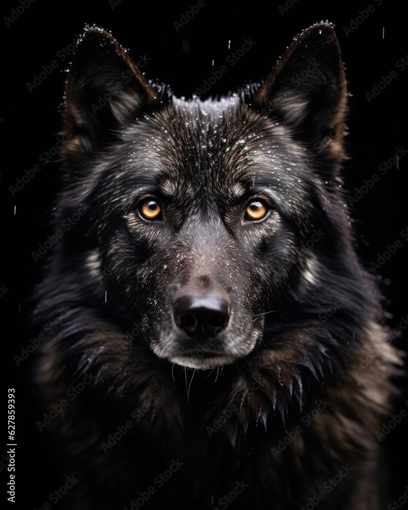 Generated photorealistic image of a wild black timber wolf with snowflakes on its fur Generated photorealistic image of a wild black timber wolf with snowflakes on its fur