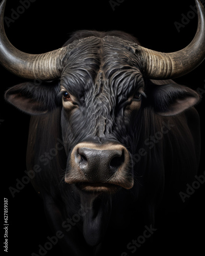 Generated photorealistic image of a domestic horned cow 