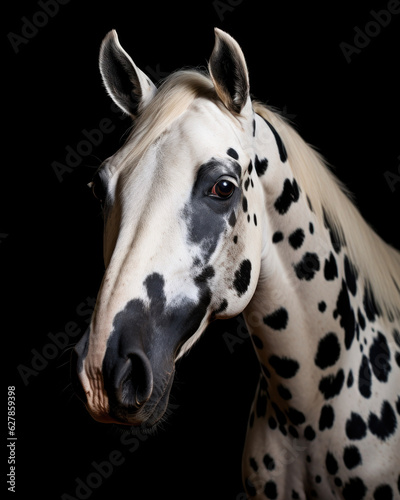 Generated photorealistic portrait of a horse with black spots © Evgeniya Fedorova