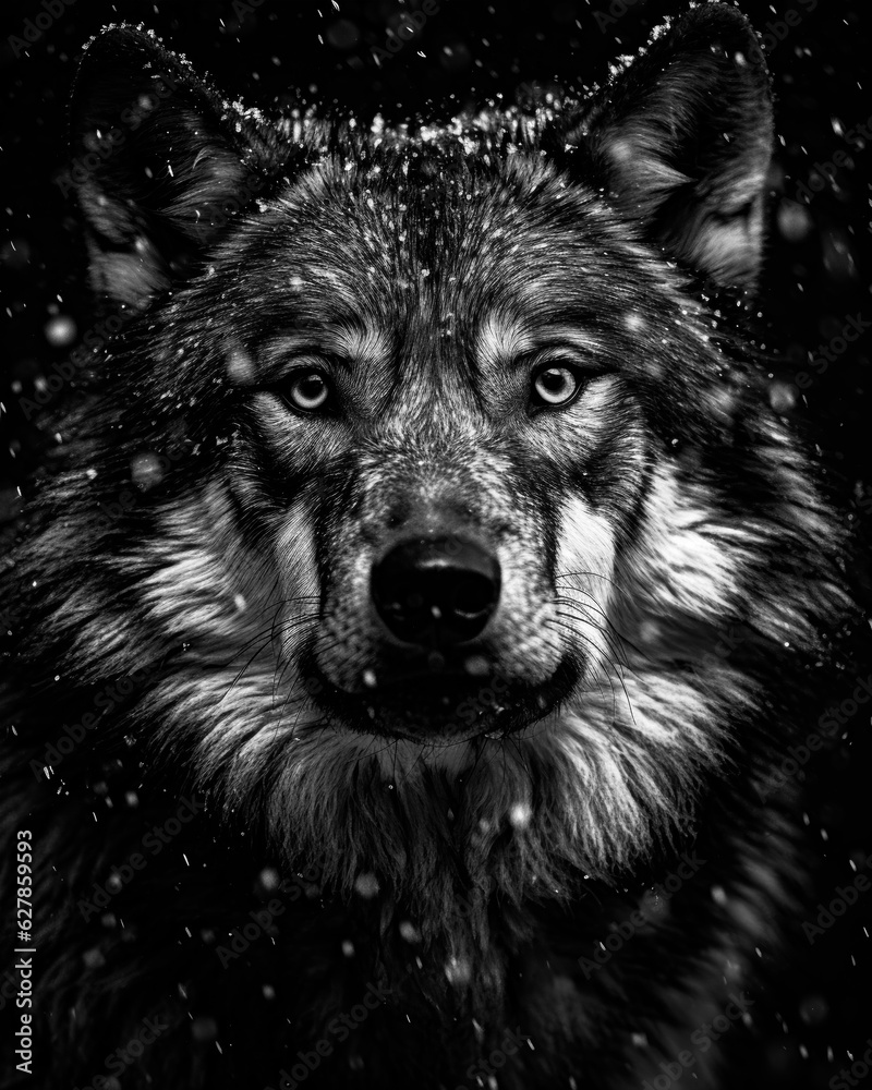 Generated photorealistic portrait of a wild timber wolf in black and white format