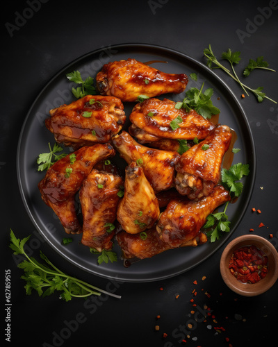 Generated photorealistic image of barbecue chicken wings on a black plate with herbs