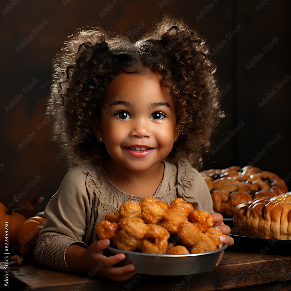 Naklejka premium Mixed child, mexican, Thanksgiving, pumpkins created with generative IA technologie 