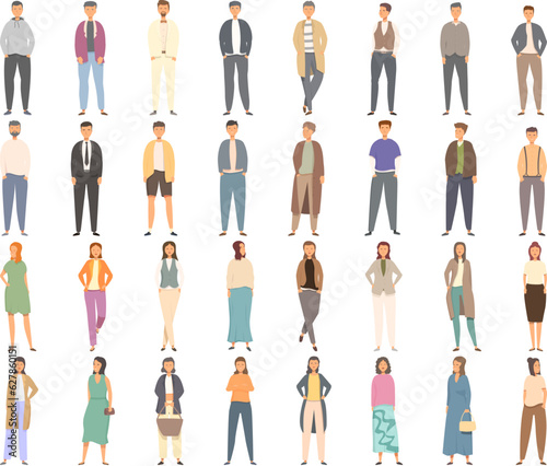 Fashion show icons set cartoon vector. Model suit. Tailor coat