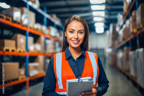 Portrait of a confident female floor manager in a distribution center warehouse, holding a clipboard and smiling