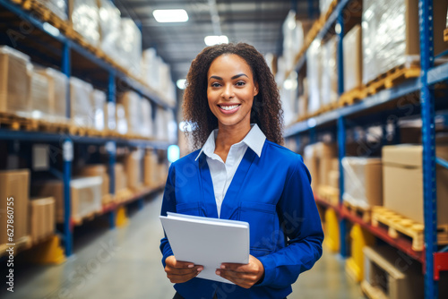 Portrait of a confident African American female floor manager in a distribution center warehouse, holding a clipboard and smiling