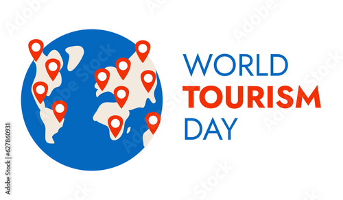 Travels on Earth. Holiday World Tourist Day. Location on the planet. Directions for travel. Flight routes. Red Pins on the map. Journey theme. Postcard with congratulations. Vector illustration.