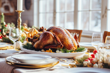 Thanksgiving holiday table with roast turkey