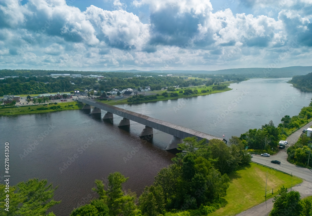 Hartland Covered Bridge in Hartland, New Brunswick,  the world's longest covered bridge, aerial view