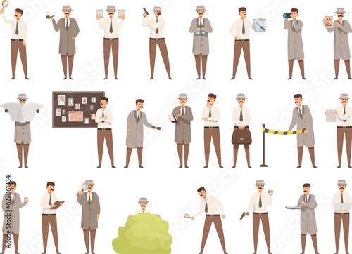 Criminal investigator icons set cartoon vector. Police detective. Desk map