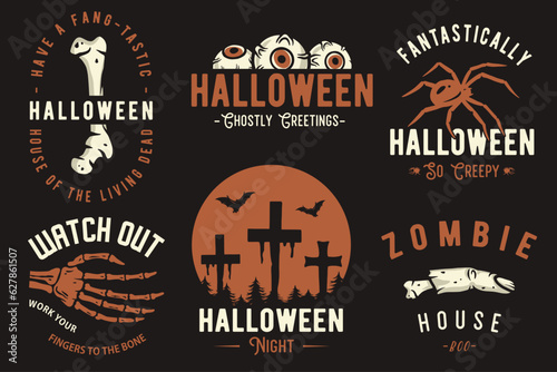 Halloween set of designs for the feast of the dead or Dia de los Muertos. Collection of emblems with spider, skeleton hand, bones, zombie finger for Halloween party and mystery night, Cinco de Mayo