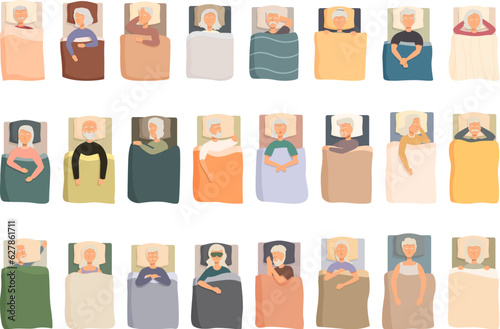 The elderly are sleeping icons set cartoon vector. Old people. Bed husband