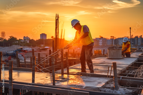 A construction worker pouring concrete with concrete pump. Professional construction worker at work. © VisualProduction