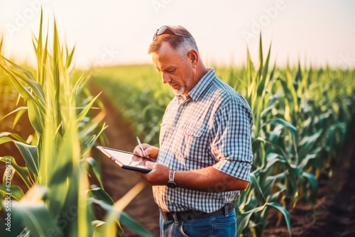 A modern farmer in a corn field using a digital tablet. Farming and agriculture concept. photo