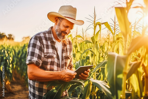 Print op canvas A modern farmer in a corn field using a digital tablet