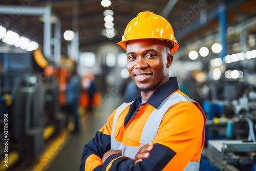 Young African American worker in protective uniform. Professional construction worker portrait.