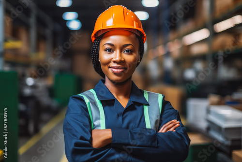 Young African American woman worker in protective uniform. Professional construction worker portrait. © VisualProduction