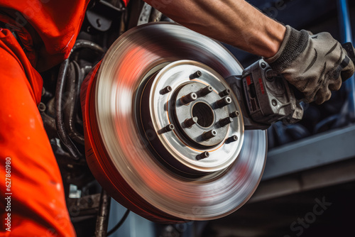 An auto mechanic uses an aerosol can to remove grease. Professional mechanic at work.