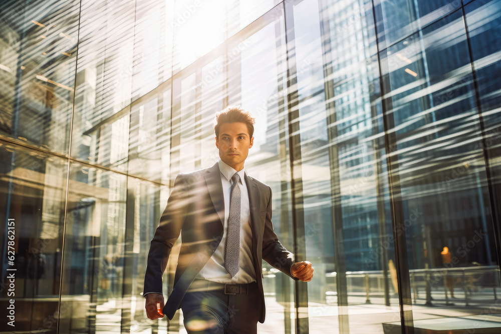 Businessman rushing. All glass building in background. Success and motivation. Businessman rushing. All glass building in background. Success and motivation.