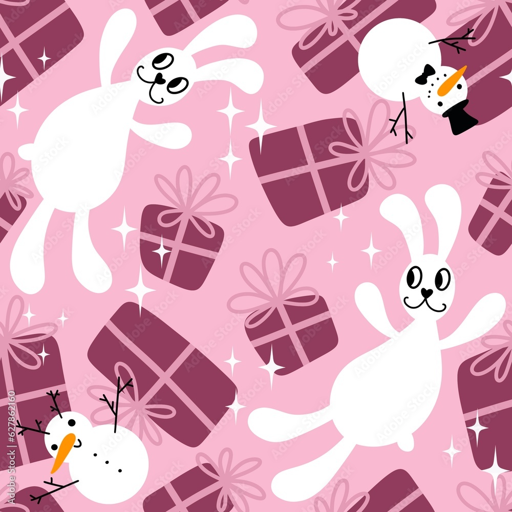 Cartoon animals rabbit seamless Christmas bunnies pattern for wrapping paper and fabrics and accessories