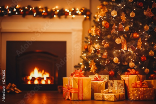 Blurred interior christmas magic glowing tree, presents and fireplace in background. © VisualProduction