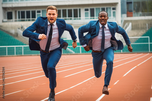 Business competition concept photo. Running on athletic stadium. photo